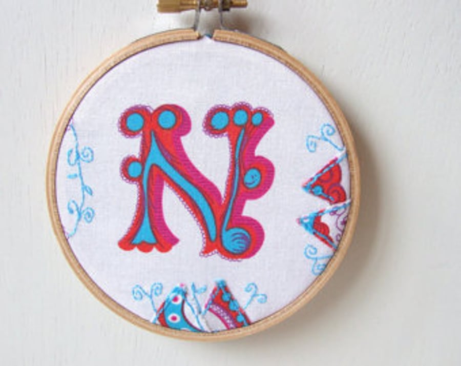 N embroidery hoop, initial letter N embroidery, 