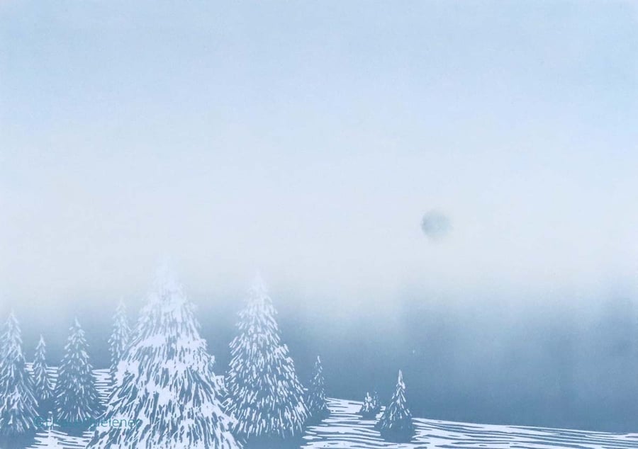 Silence & snow the winter forest on frosty night lino print twilight night fall