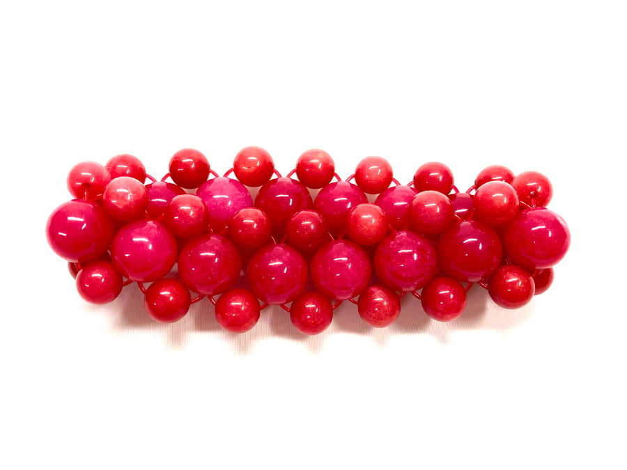 Cherry Red QUARTZ Crystal Beaded Triple Weave Stretch Bracelet