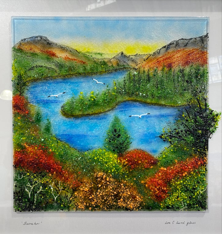Fused glass landscape art framed picture. 