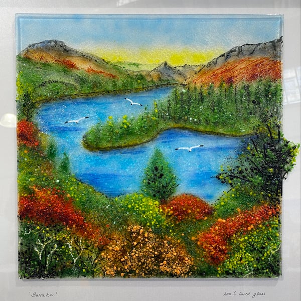 Fused glass landscape art framed picture. 