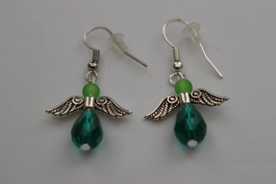 Silver plated beaded earrings- silver Christmas angel teal