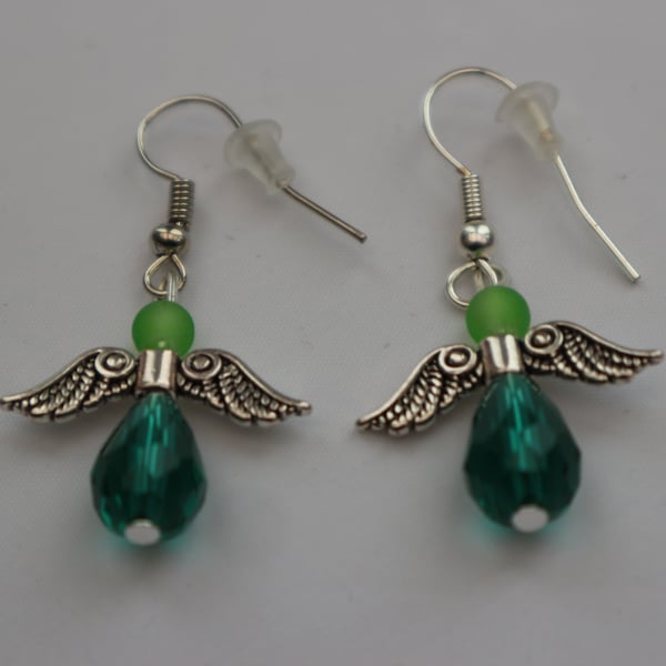 Silver plated beaded earrings- silver Christmas angel teal