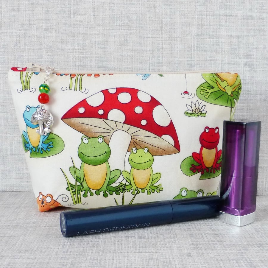 Make up bag, zipped pouch, cosmetic bag, toadstool, mushroom, frogs.