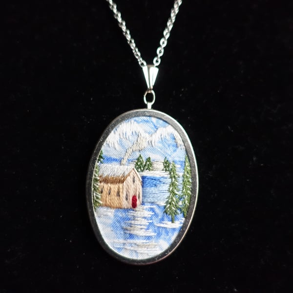 Hand Embroidery Pendant and Necklace. Winter scene Design.