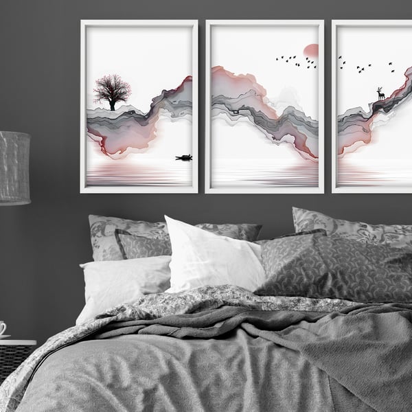 Office decor Set x 3 Wall art Prints, Home decor Japanese art, calming zen wall 