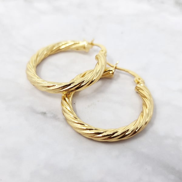 24ct Gold Vermeil Circle Rope Textured Earrings Twisted Rope Hoops 31mm Simple H