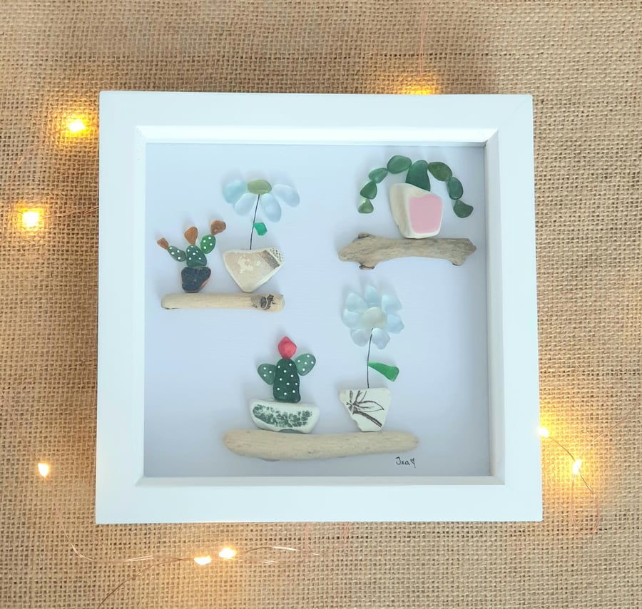 Seaglass, seapottery and driftwood framed art "BOHEMIAN"