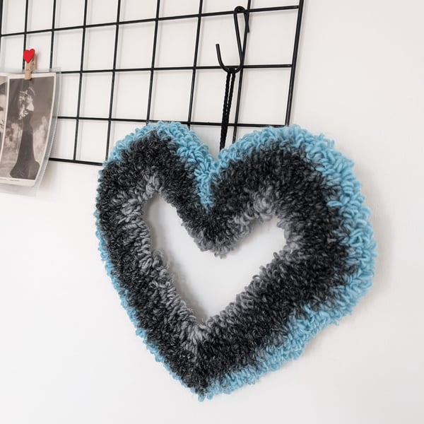 Blue & Black ombre needle punch heart wreath, wall art