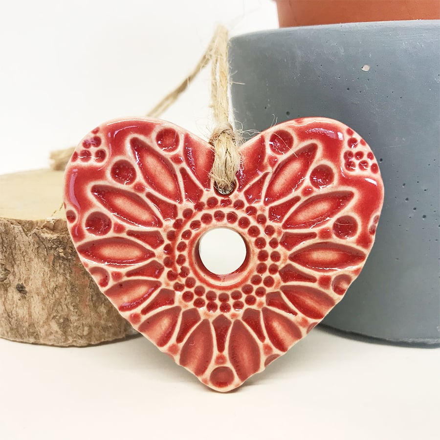 Small Ceramic heart hanging decoration Pottery Heart Folk art Red