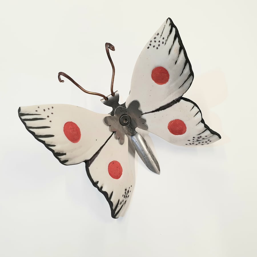Butterfly Wall Art - Ceramic and Metal - Cream and Red Butterfly