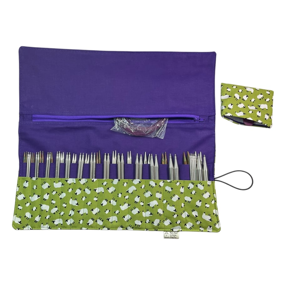 Interchangeable knitting needle case with mini green sheep , holds 2 sets,