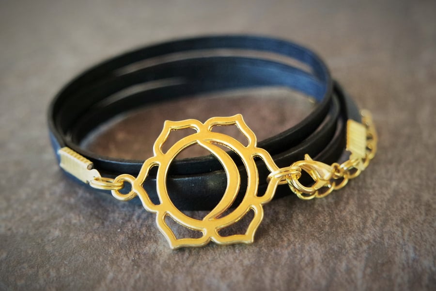 leather bracelet - sun and moon Chakra gold plate