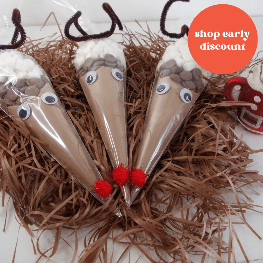 2 Reindeer Hot Chocolate Cones Christmas Eve Box filler Stocking Fillers class g