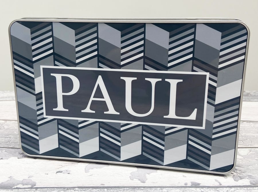 Personalised Rectangular Metal Storage Tin in Geometric Block Design