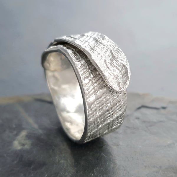 Chunky shell wrap ring with organic texture in silver