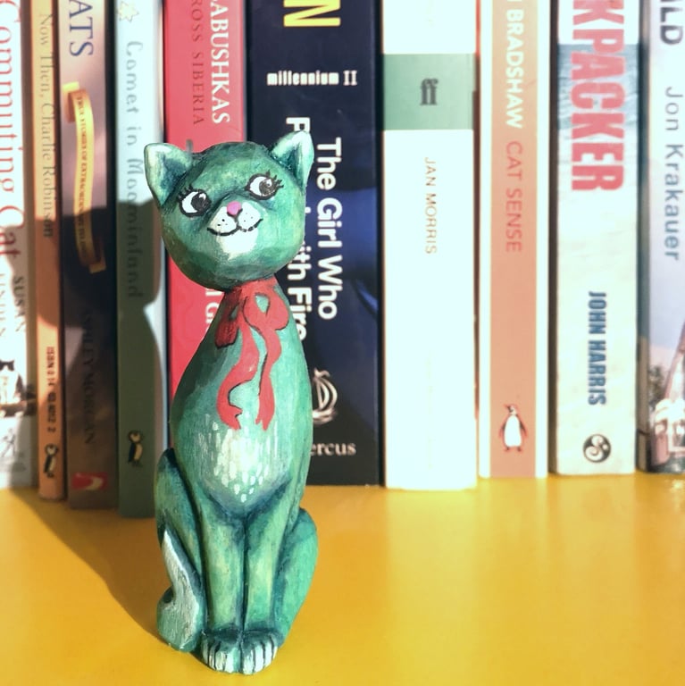 Hand carved, painted and finished wooden vintage cat - One of a kind gift!