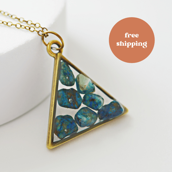 Chrysocolla Brass plated Triangle Worry Stone Necklace - Free Postage