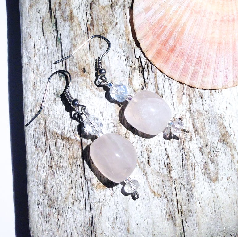 Beautiful Rose Quartz and Crystal Earrings - UK Free Post