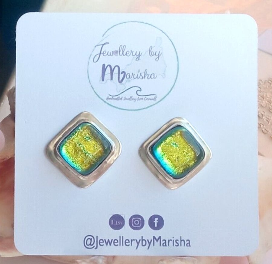 Dichroic Glass Stud Earrings Yellow Green Recycled Sterling Silver 925