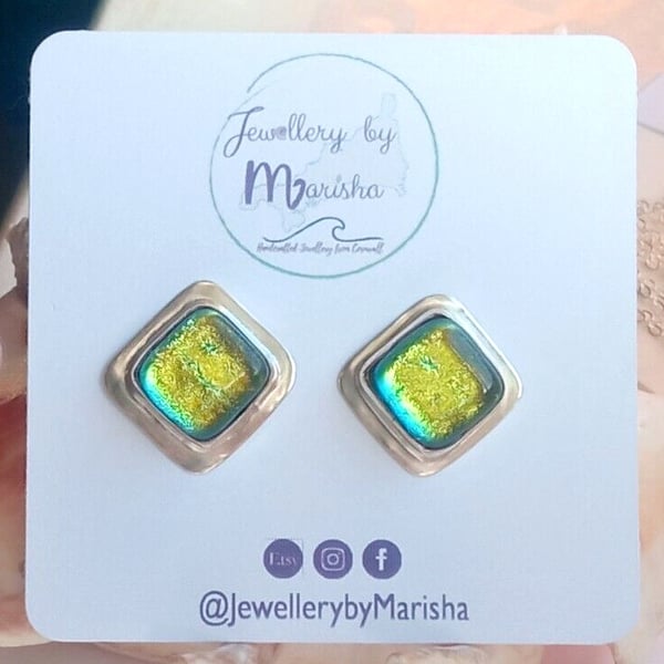 Dichroic Glass Stud Earrings Yellow Green Recycled Sterling Silver 925