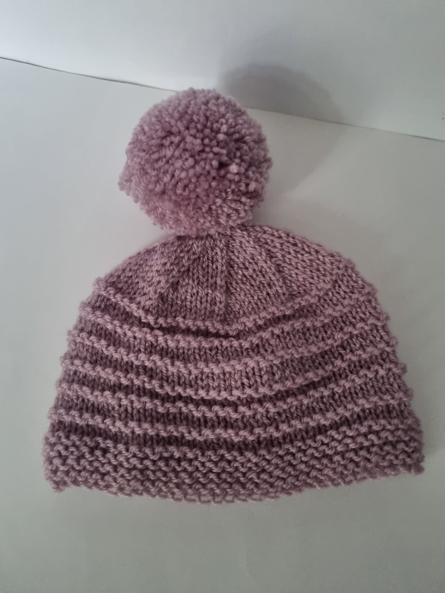 Hand knitted bobble hat in lilac 6-12 months 