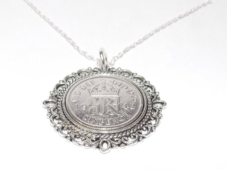 Fancy Pendant 1942 Lucky sixpence 79th Birthday plus a Sterling Silver 18in Chai