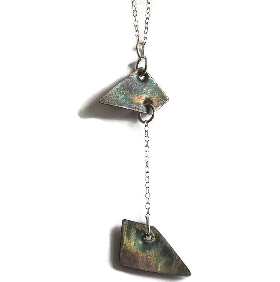 oxidised fine silver  geometric drop handmade pendant