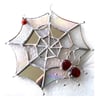 Spider's Web Suncatcher Stained Glass with Red Spider and Ladybird 040