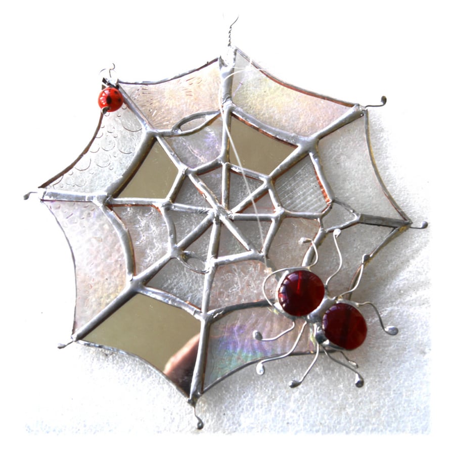 Spider's Web Suncatcher Stained Glass with Red Spider and Ladybird 042