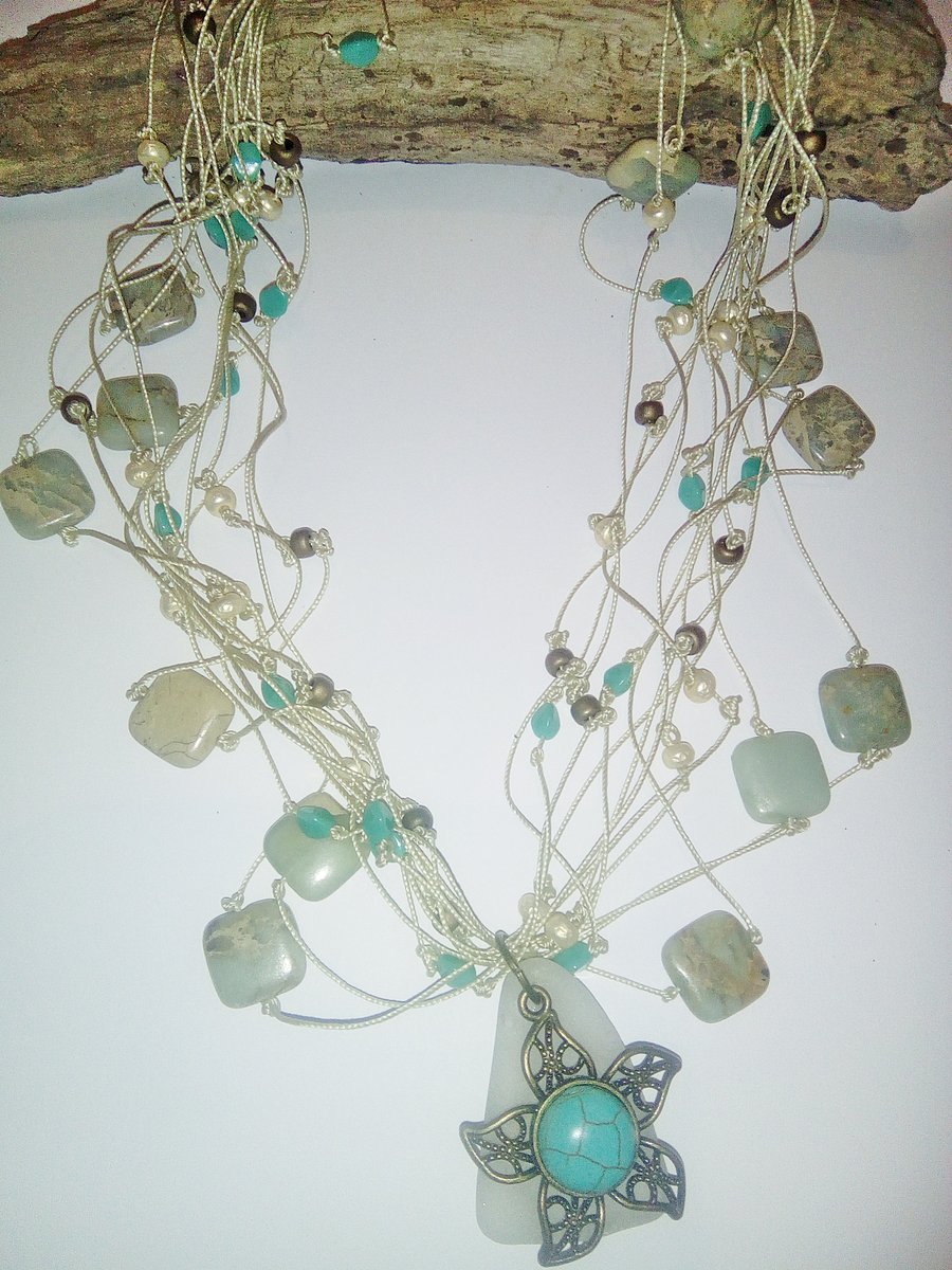 Jasper and sea glass multi stranded macrame necklace with vintage style starfish