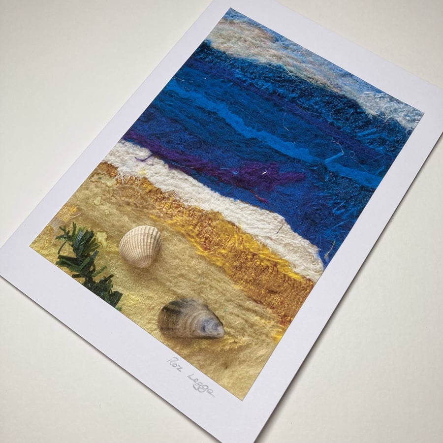 Greetings card 5 x 7, print of original textile art, shells on a beach