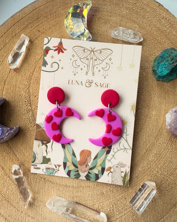 Moon heart Polymer Clay Earrings, Polymer Clay Earrings,