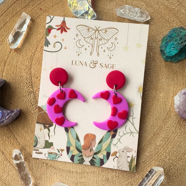 Moon heart Polymer Clay Earrings, Polymer Clay Earrings,