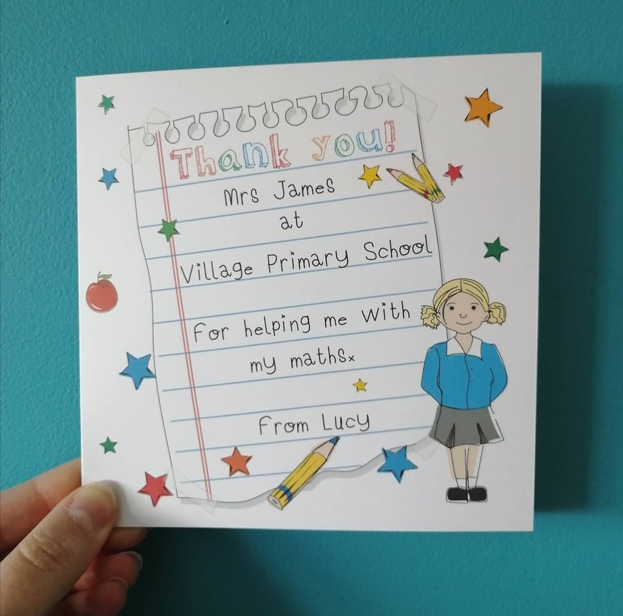 Personalised Teacher thank you card, cartoon card, thank you teacher, thank you 