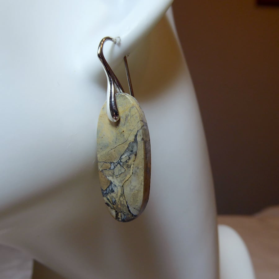 Pair of Sterling Silver & Narrow Oval Maligano Jasper Gemstone Earrings