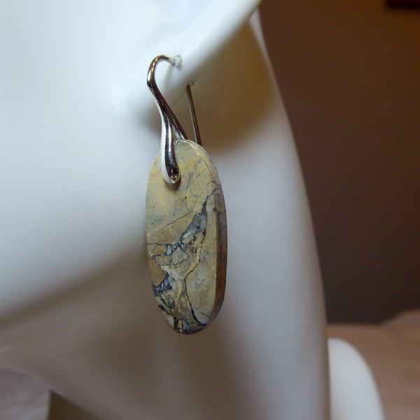 Pair of Sterling Silver & Narrow Oval Maligano Jasper Gemstone Earrings