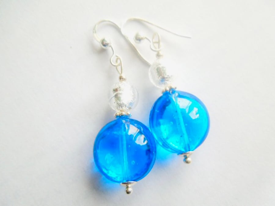 Murano Glass earrings with aquamarine Murano lentil bead and sterling silver.