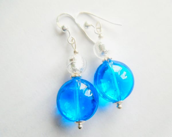 Murano Glass earrings with aquamarine Murano lentil bead and sterling silver.