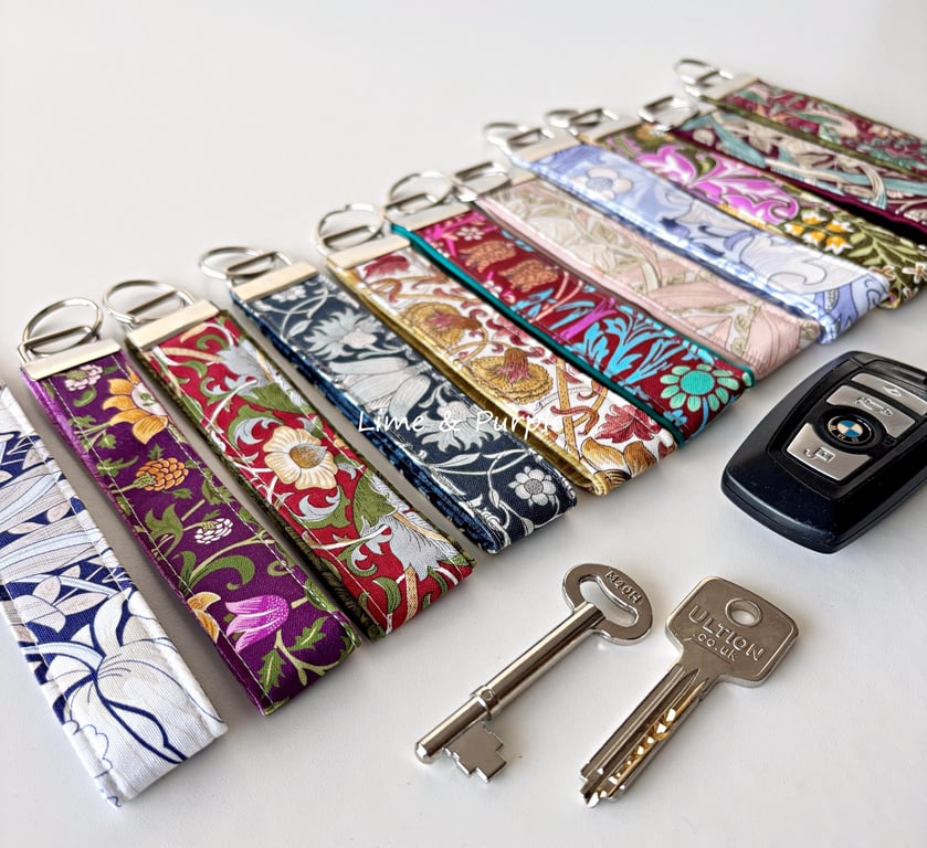 Handmade William Morris Fabric Wristlet Keyring, Floral Print Key Holder