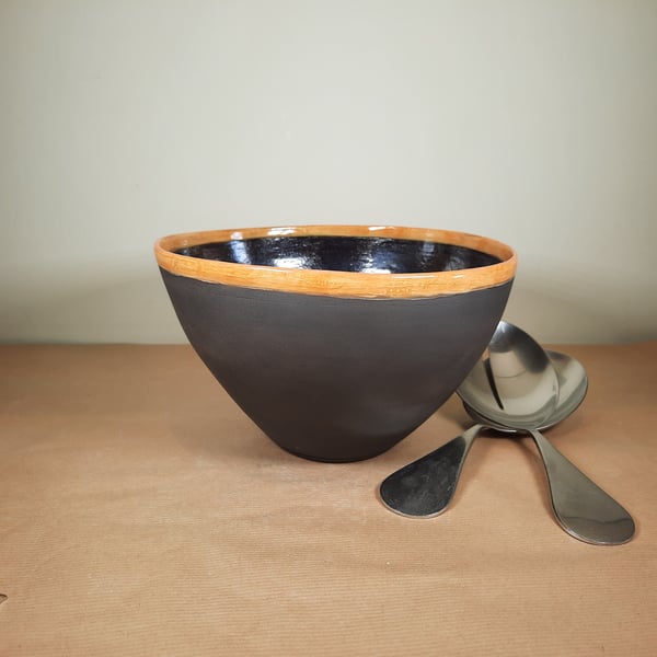 Large black stoneware clay ceramic bowl