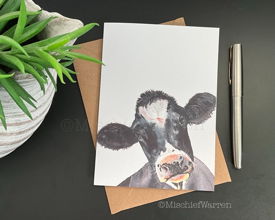 Friesian Cow Art Card. Blank or personalised for any occasion for cow lover.