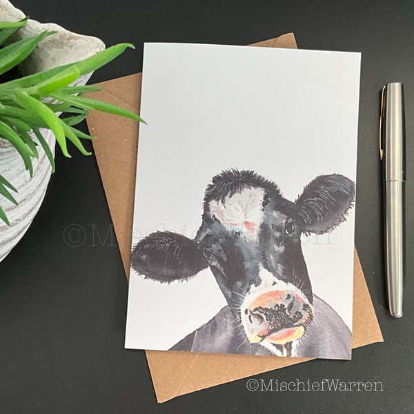 Friesian Cow Art Card. Blank or personalised for any occasion for cow lover.