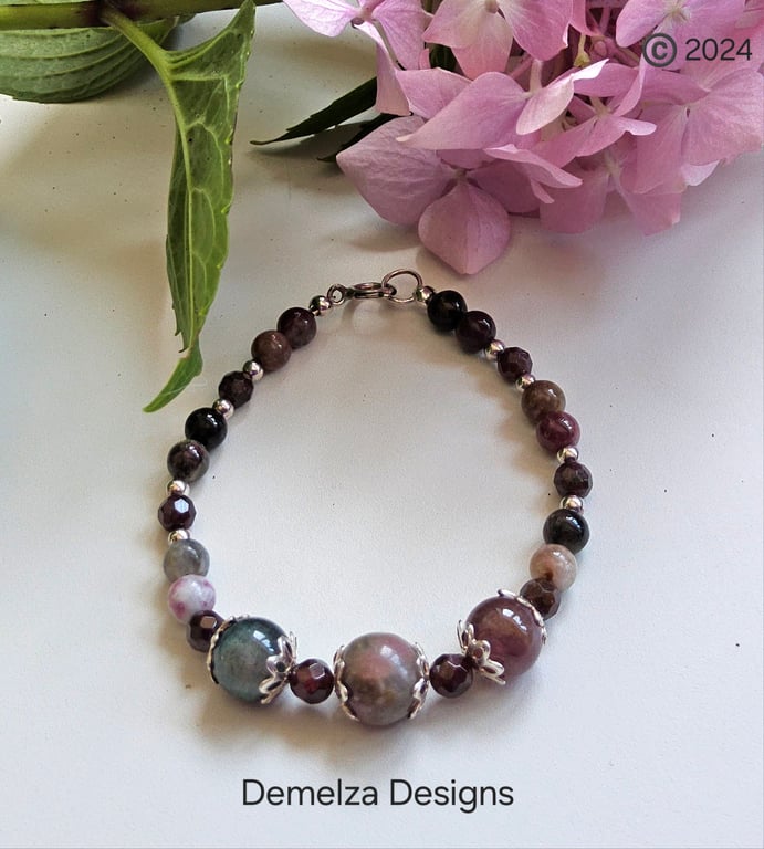 Tourmaline & Indian Red Garnet Sterling Silver Bracelet (small size)