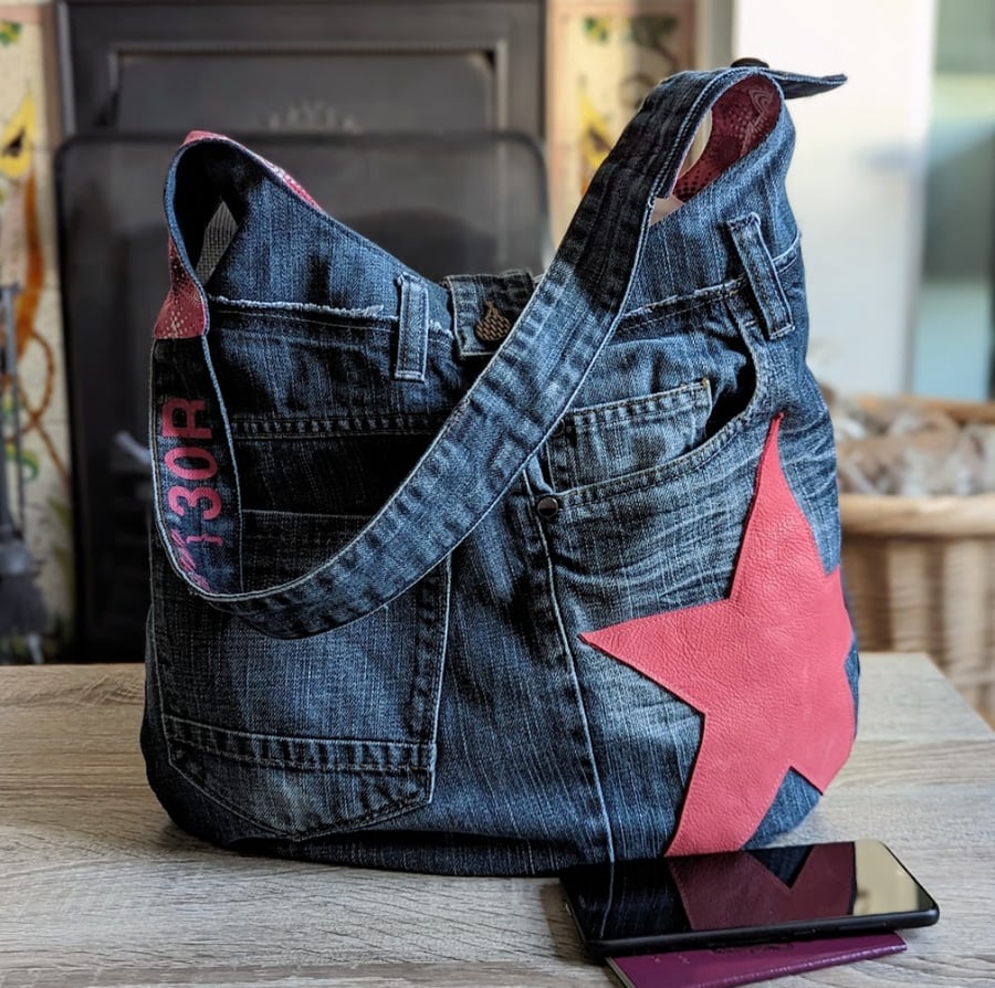 Large Recycled Denim Shoulder Bag with Leather Star Motif