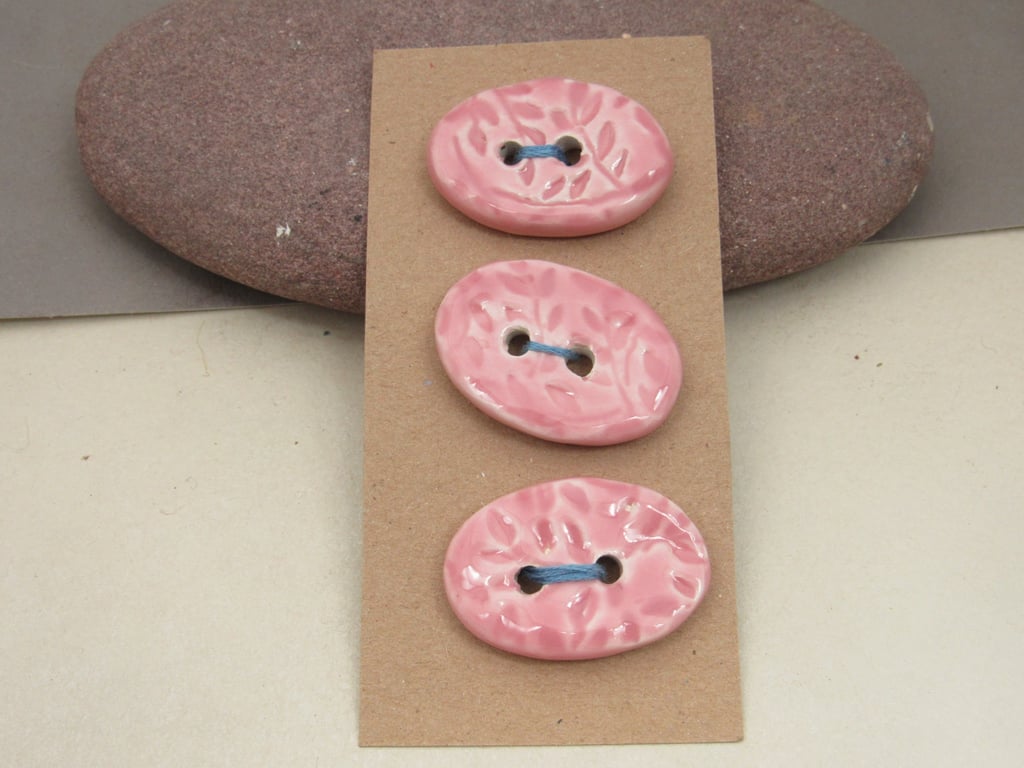 3 Medium Oval Shell Pink Leaf Pattern Ceramic Buttons