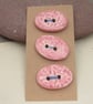 3 Medium Oval Shell Pink Leaf Pattern Ceramic Buttons - Image 1