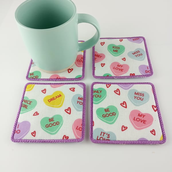Love Heart Fabric Coasters Gift Set With Felt Backing To Protect Furniture
