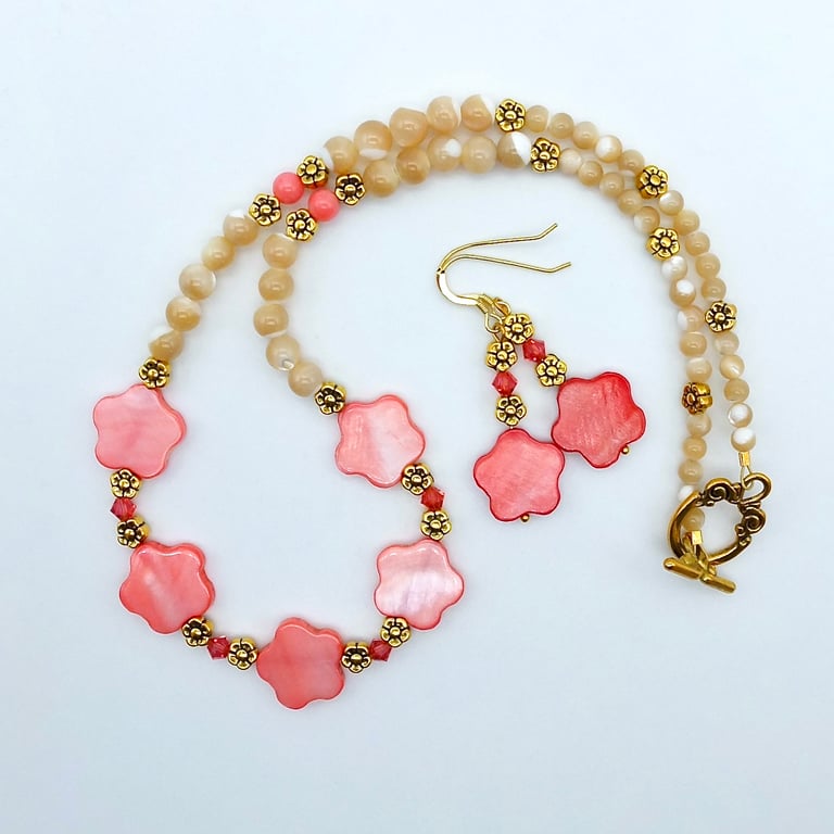 Mother Of Pearl Beaded Flower Necklace & Earrings Gift Set, Summer Seconds Sale