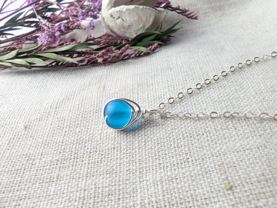SEAGLASS Pacific Blue Necklace, Minimalist Dainty Sterling Silver Pendant